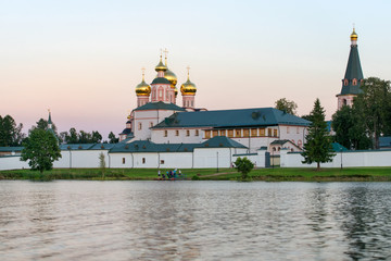 Valdai Iversky Svyatoozersky Virgin Monastery for Men. Selvitsky Island, Valdai Lake. Late summer evening