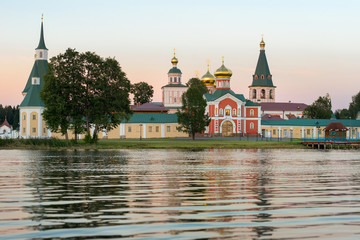 Valdai Iversky Svyatoozersky Virgin Monastery for Men. Selvitsky Island, Valdai Lake. Late summer evening