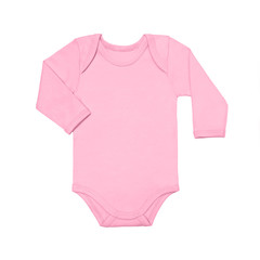 Pink sweet lilac baby girl shirt bodysuit with long sleeve isolated on a white background. Mock up for design and placement of logos. Copy space for text or pictures