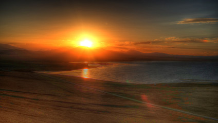 Panorama of Song Kul lake at the sunset, Kyrgyzstan