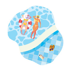 girls with swimsuit and lifeguard float in pool