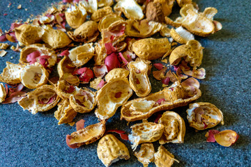 Peanut shell on the table, food background.