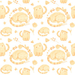 seamless pattern with cute watercolor illustration of cats and stylized flowers.