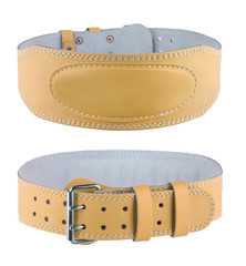 Set of two angles beige leather belt for weightlifting isolated on white background. - 271738590