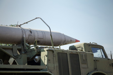 Russian rocket launcher on soviet military truck . Russian military ballistic missiles. 