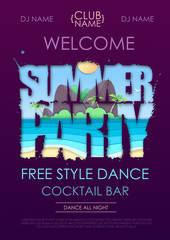 Summer disco party typography poster with beach and ocean waves. Cut out paper art style design