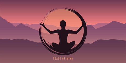 peace of mind meditation concept silhouette with mountain background vector illustration EPS10