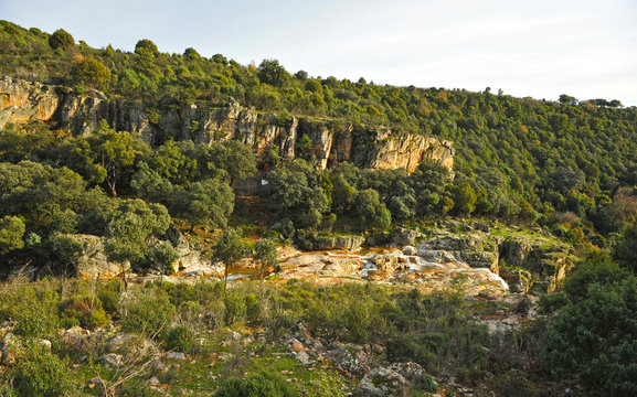 Waterfall of La Batanera or "Chorrera de los Batanes" near Fuencaliente village in Natural Park Valley of Alcudia and Sierra Madrona , province of Ciudad Real, Castilla la Mancha, Spain