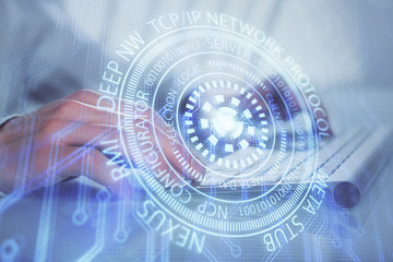 Multi exposure of tech drawings with man working on computer background. Concept of innovation.