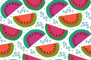 Vector seamless pattern with watermelon slices in flat simple style