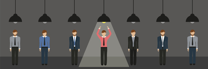 businessmen are standing under lamps one switched on hanging lamp vector illustration EPS10
