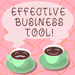 Conceptual hand writing showing Effective Business Tool. Business photo showcasing used to control and improve business processes Cup Saucer for His and Hers Coffee Face icon with Steam