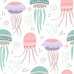 Vector seamless pattern with colorful jellyfish. Marine life, underwater world