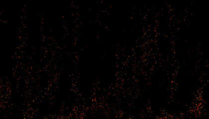 Burning red hot sparks rise from large fire in the night sky. Beautiful abstract background on the theme of fire, light and life. Fiery orange glowing flying away particles over black background