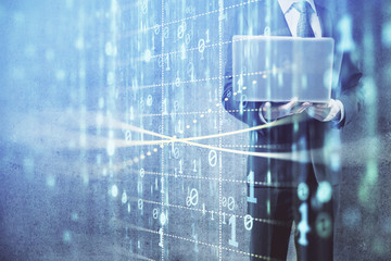 Double exposure of data internet theme hologram with man working on computer on background. Concept of innovation.