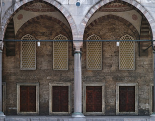 Blue mosque (Sultanhmet camii) internal yard arch symmetry, Istanbul Turkey.