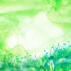 Watercolor green background, blot, blob, splash of blue, green paint. Watercolor green sky, spot, abstraction. Wild grass, bushes, country abstract landscape. Watercolor card, banner. 