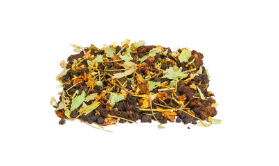 closeup of natural herbal tea made of various loose dried herbs isolated on white