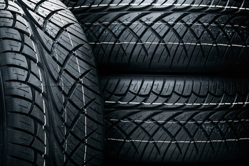 Tire stack background. Selective focus, close up