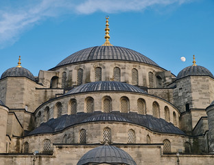 Fototapeta na wymiar Blue mosque (Sultanhmet camii) domes detail and moon Istanbul Turkey.