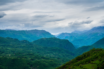 Montenegro, Green valley and mountains of pretty moraca canyon nature countryside from above