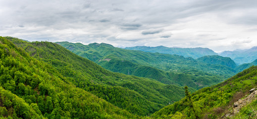 Fototapeta na wymiar Montenegro, XXL panorama of wonderful green nature landscape defining moraca canyon region near kolasin