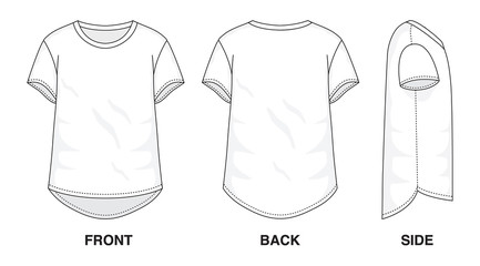 Isolated Baggy Loose Asymmetrical t-shirt object of clothes and fashion stylish wear fill in blank shirt. Regular Tee Crew Neck Sleeves Illustration Vector Template. Front, back and side view