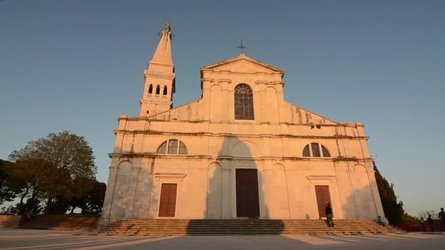 Rovinj, Croatia, 9 May 2019: Church at sunset. Church of St. Euphemia is located in the heart of the historic part of Rovinj, Croatia. Basilica of St. Euphemia.