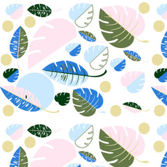 Vector neon summer pattern with tropical leaves. The beautiful leaves of Monstera and fern are blue neon leaves and pink leaves. Seamless pattern