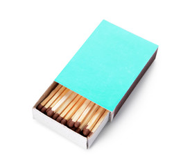 Box with matches on white background