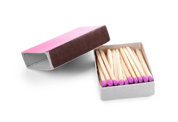 Box with matches on white background