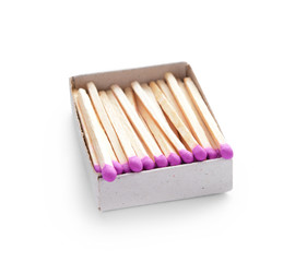 Box with matches on white background