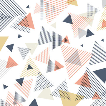 Abstract modern blue, orange, yellow triangles pattern with lines diagonally on white background.