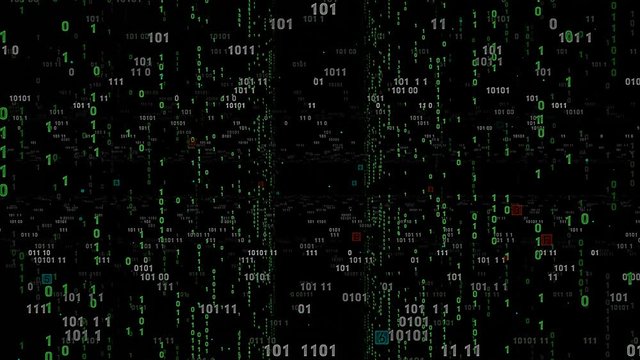 Digital fly binary code background loop. Data binary code network. 4K loop animation. Green version.