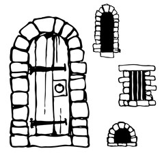 Doorway vintage arch stone window rods lattice vector illustration hand drawing contours