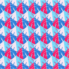 Fototapeta na wymiar Bright neon summer pattern with tropical leaves. Beautiful monstera leaves - blue neon leaves and pink leaves closeup. Seamless pattern