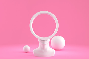 Concept art on education and problem solving. Porcelain female head with a round hole in it.3D illustration