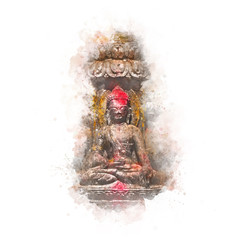 Watercolor illustration of a Buddhist statue in pastel colors