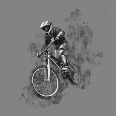 Fototapeta na wymiar Black pencil drawing of a cyclist on a downhill bike with a white drawing on a grey background.