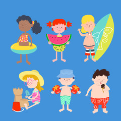 Group of children in bathing suit. Summer characters collection