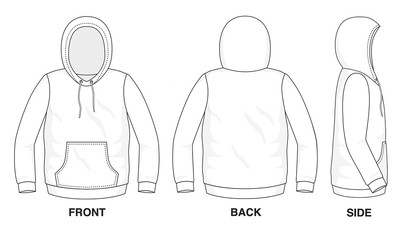 Isolated object of clothes and fashion stylish wear fill in blank shirt sweater. Regular Tee Crew Hood Hoodie Tee Long Sleeves with Pocket Illustration Vector Template. Front, back and side view
