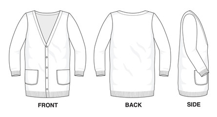 Isolated object of clothes and fashion stylish wear fill in blank shirt long cardigan sweater. Front, back and side view