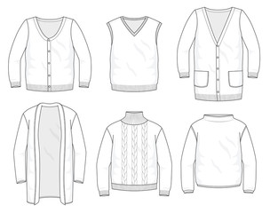 Set of knitted sweaters, vests and cardigans fashion stylish warm hoodie collection template, fill in the blank sweater tops various styles long sleeve 