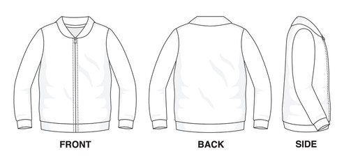 Isolated object of clothes and fashion stylish wear fill in blank shirt sweater. Regular Tee Crew Neck Collar Long Sleeves Vest Zipper Illustration Vector Template. Front, back and side view