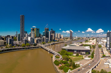 Fototapeta premium BRISBANE, AUS - Mar 19 2019: Brisbane and Southbank aerial view with William jolly and Kurilpa bridges, Queensland, Australia