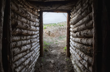 Trench shelter for military training or civil defense training. Underground fortification. Military...
