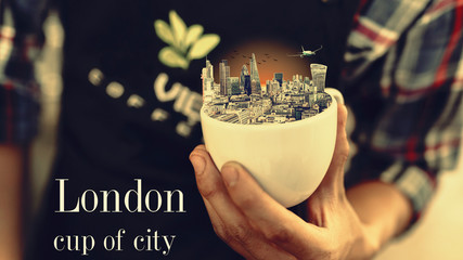 White cup of coffee, city in cup, London coffee