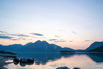 Lake Walchensee with Herzogstand mountain Jochberg, Bavaria, Germany. Night shot