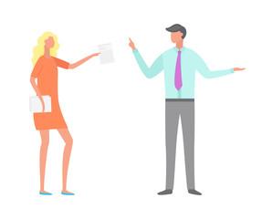 People wearing formal clothes vector, boss and staff. Woman and man talking about business, lady holding documentation and reports on work tasks flat style