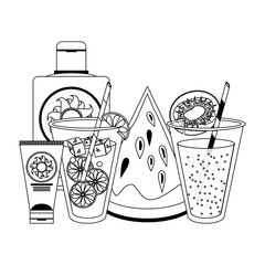 Lemonade and kiwi juice with sun bronzer bottles and watermelon in black and white